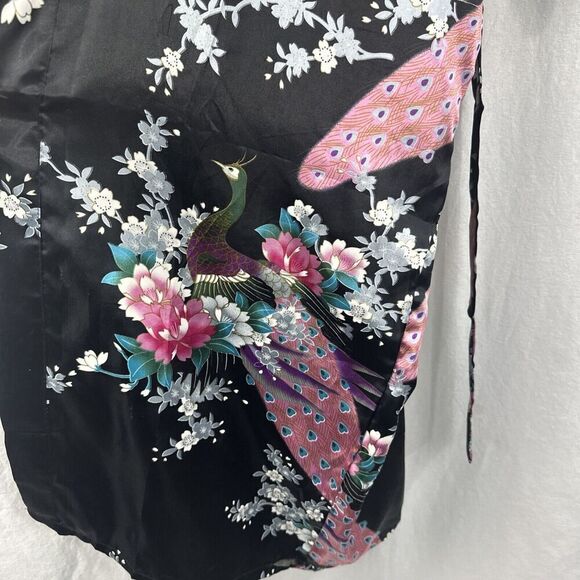 Sam Well Black Floral Peacock Belted Satin Kimono Robe Womens OSFM - Picture 7 of 14
